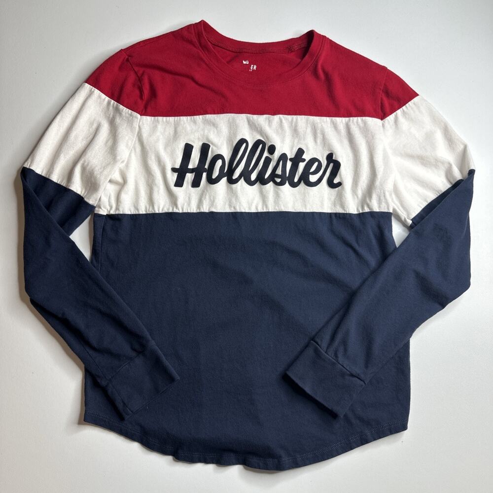Hollister Colorblock Long Sleeve Graphic Tee Small Red White Navy Blue USA